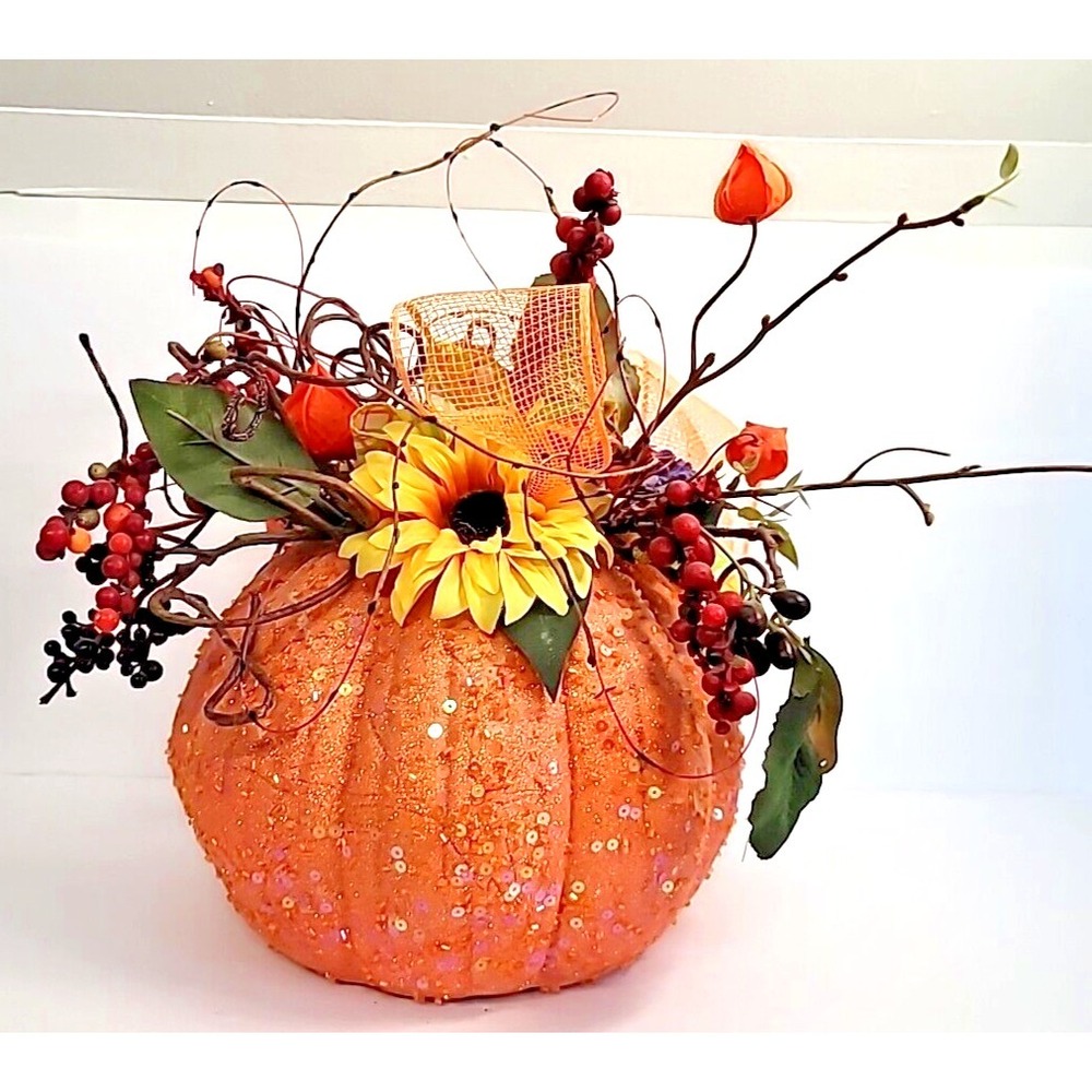 12"H Fall Harvest Glitter Sequin Pumpkin Basket Flower Arrangement~Thanksgiving